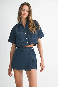 Denim Short Sleeve Shirt And Skort Set