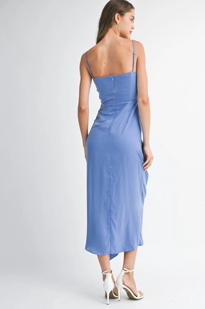 Periwinkle Satin Ruffle Midi Dress