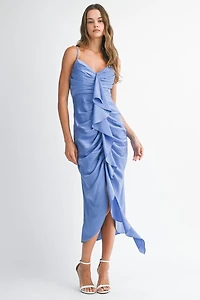 Periwinkle Satin Ruffle Midi Dress