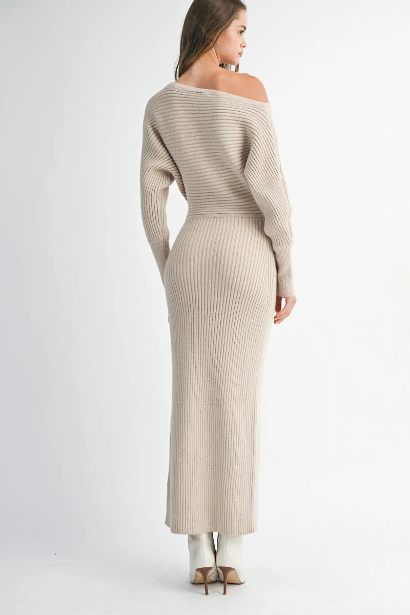 Tan Off Shoulder Knit Dress