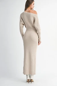 Tan Off Shoulder Knit Dress