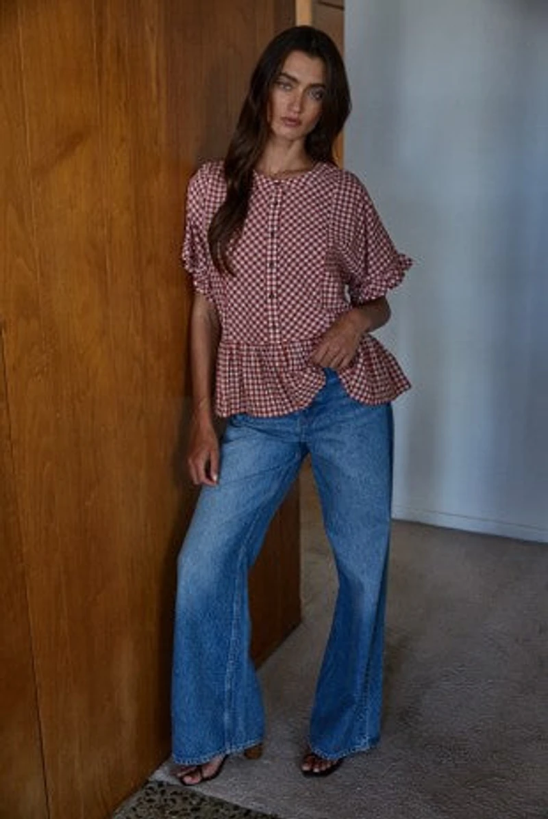 Gingham Ruffle Short Sleeve Top