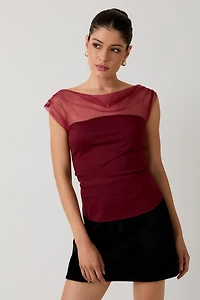 Burgundy Mesh Drape Top