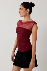 Burgundy Mesh Drape Top