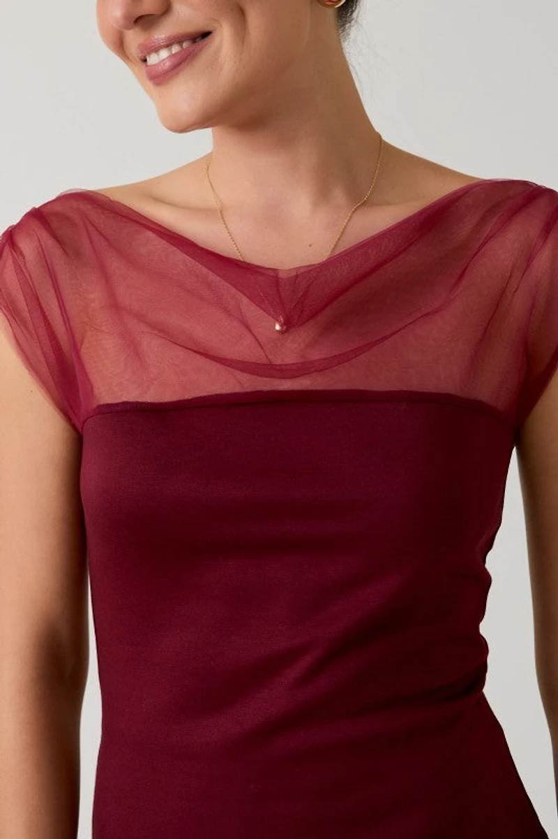 Burgundy Mesh Drape Top