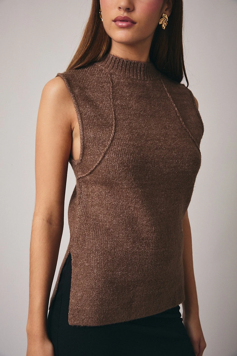 Brown Mock Neck Sleeveless Sweater