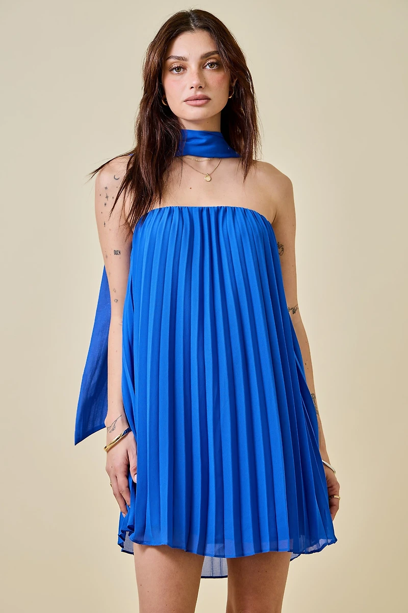Blue Pleated Mini Dress