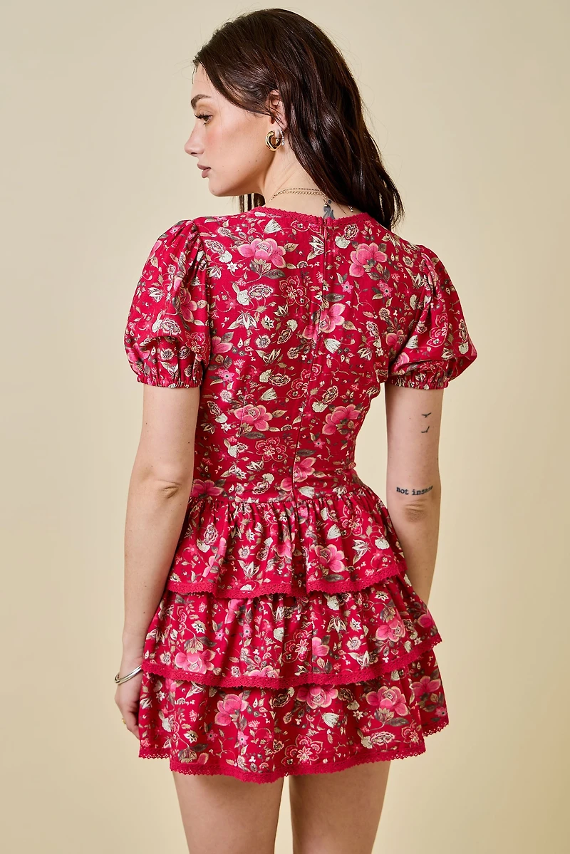 Red Floral Ruffle Romper Dress