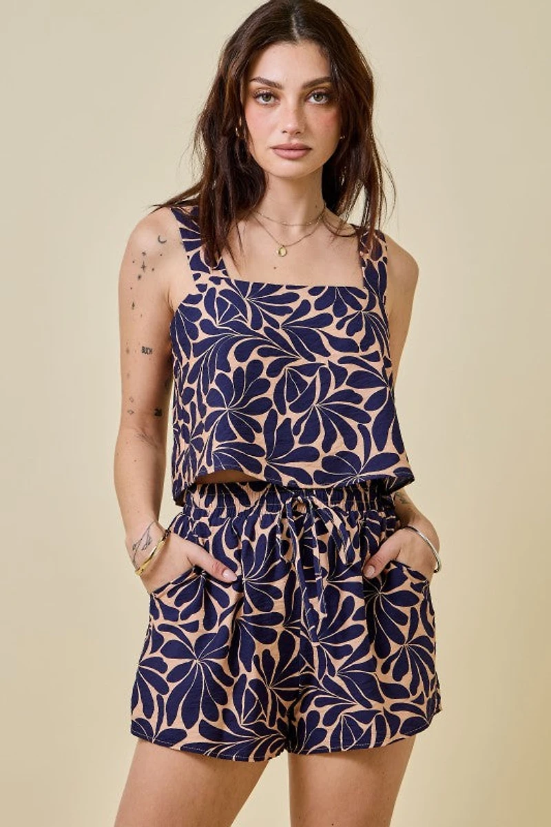 Navy Print Top & Shorts Set