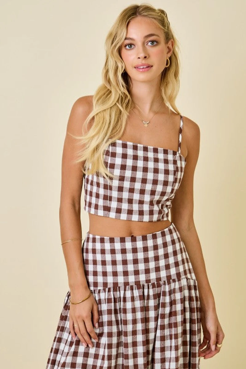 Brown & White Gingham Cropped Tank