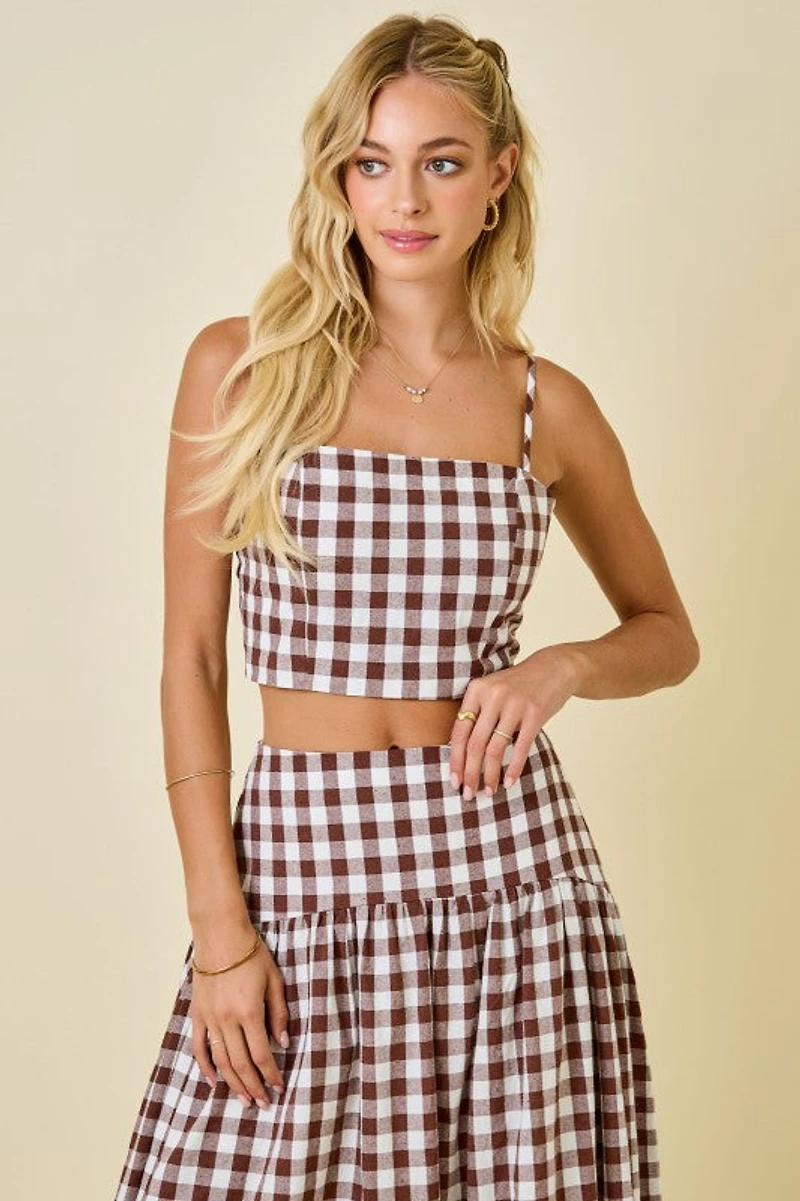 Brown & White Gingham Cropped Tank