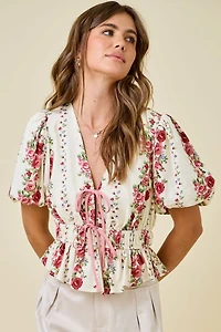 Floral Print Blouse With Bubble Sleeves
