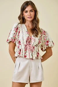 Floral Print Blouse With Bubble Sleeves