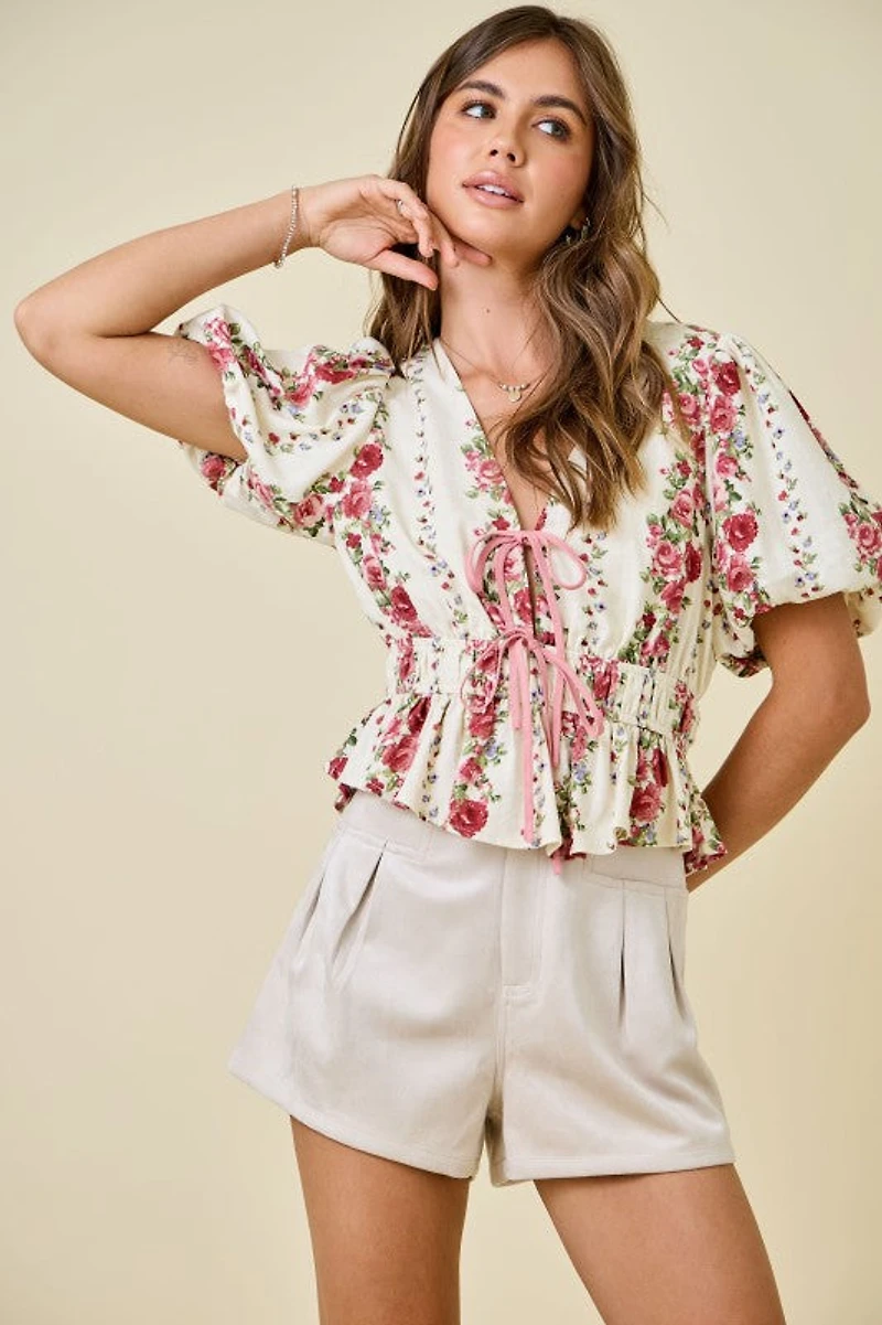Floral Print Blouse With Bubble Sleeves
