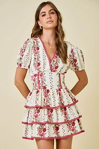Ivory & Red Floral Print Ruffle Dress