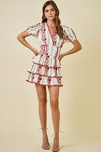 Ivory & Red Floral Print Ruffle Dress