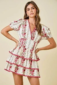 Ivory & Red Floral Print Ruffle Dress