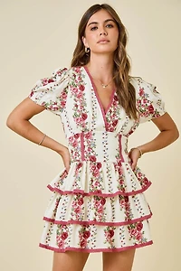 Ivory & Red Floral Print Ruffle Dress