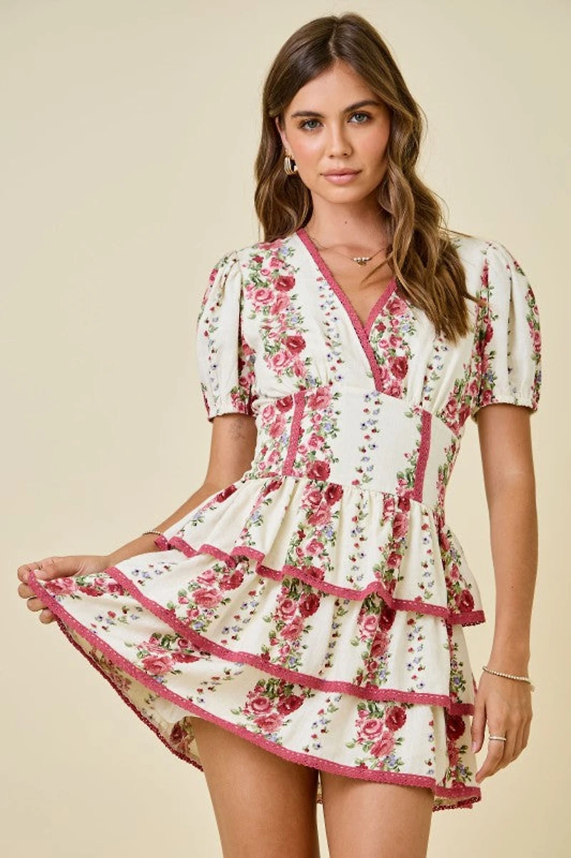 Ivory & Red Floral Print Ruffle Dress