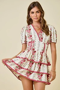 Ivory & Red Floral Print Ruffle Dress