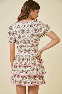 Ivory & Pink Floral Print Ruffle Dress