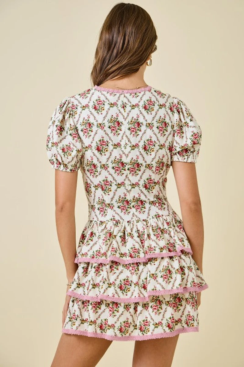 Ivory & Pink Floral Print Ruffle Dress