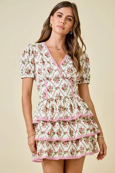 Ivory & Pink Floral Print Ruffle Dress