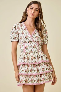Ivory & Pink Floral Print Ruffle Dress