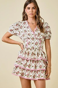 Ivory & Pink Floral Print Ruffle Dress