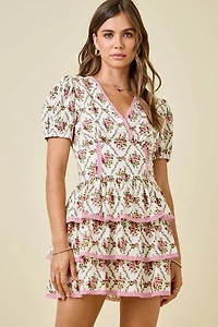 Ivory & Pink Floral Print Ruffle Dress