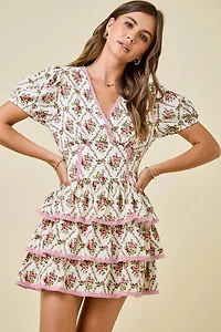 Ivory & Pink Floral Print Ruffle Dress