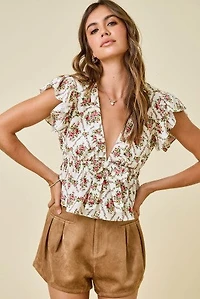 Floral Print V-Neck Ruffle Top