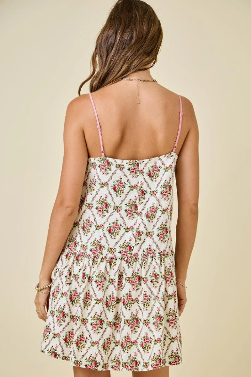 Floral Print Dress W/ Contrast Knotted Edge