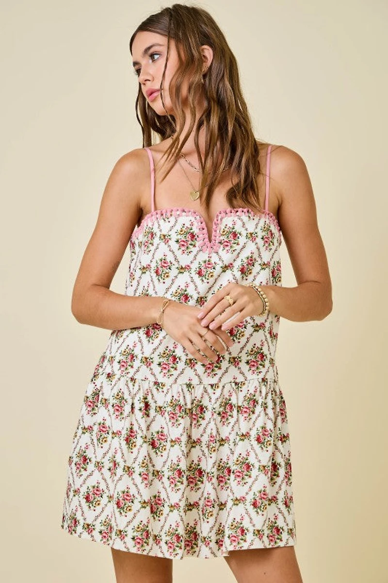 Floral Print Dress W/ Contrast Knotted Edge