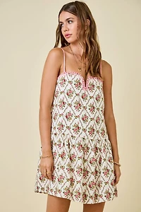 Floral Print Dress W/ Contrast Knotted Edge