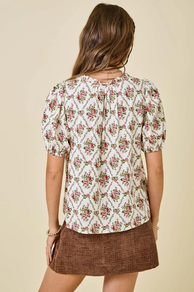 Floral Print V-neck Puff Sleeve Top