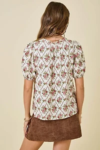 Floral Print V-neck Puff Sleeve Top