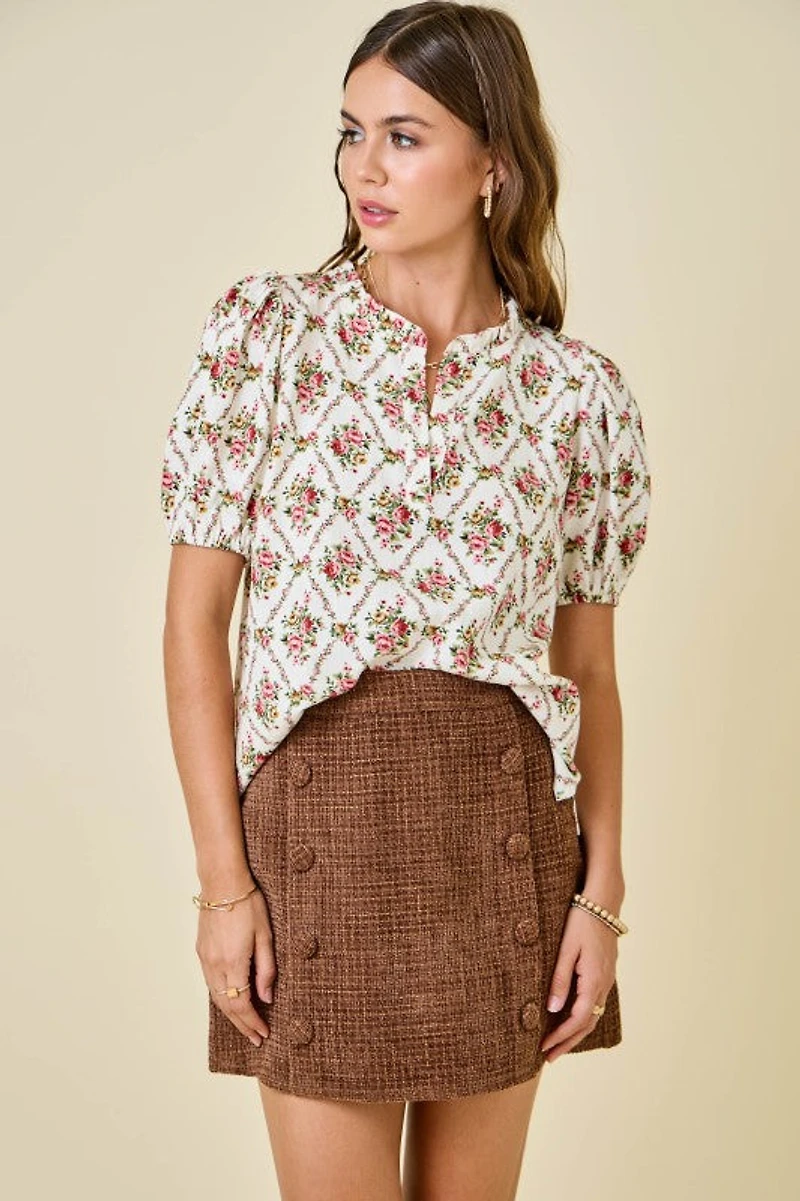 Floral Print V-neck Puff Sleeve Top