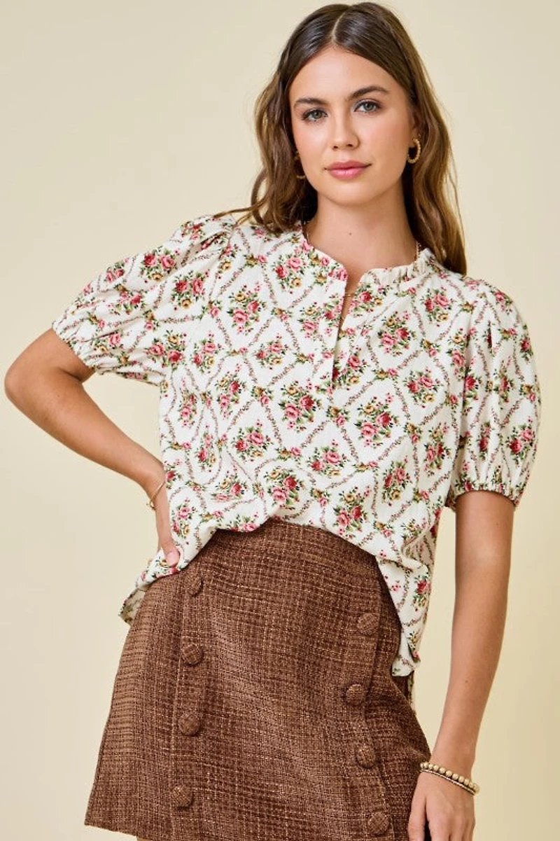 Floral Print V-neck Puff Sleeve Top
