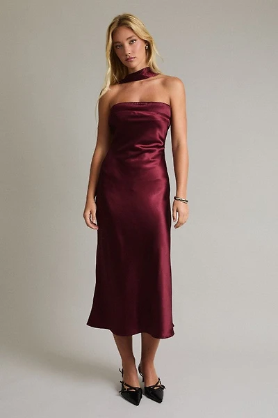 Burgundy Strapless Scarf Detail Midi Dress