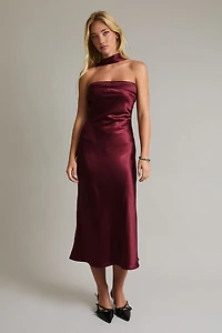 Burgundy Strapless Scarf Detail Midi Dress