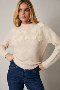 Mock Neck Flower Emboderiy Sweater