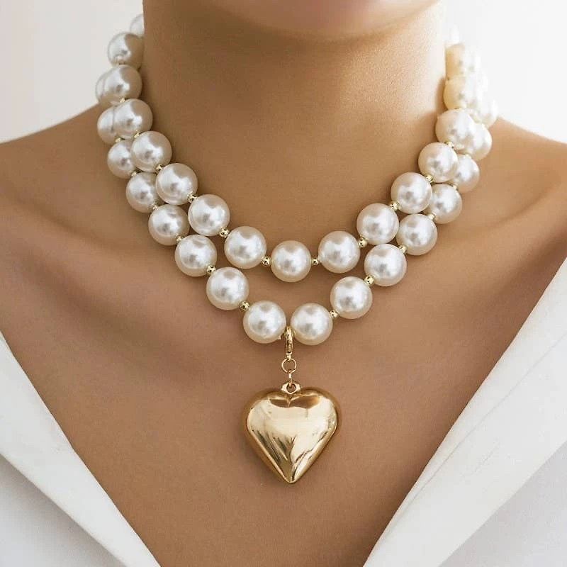 Pearl Beaded Layered Heart Necklace