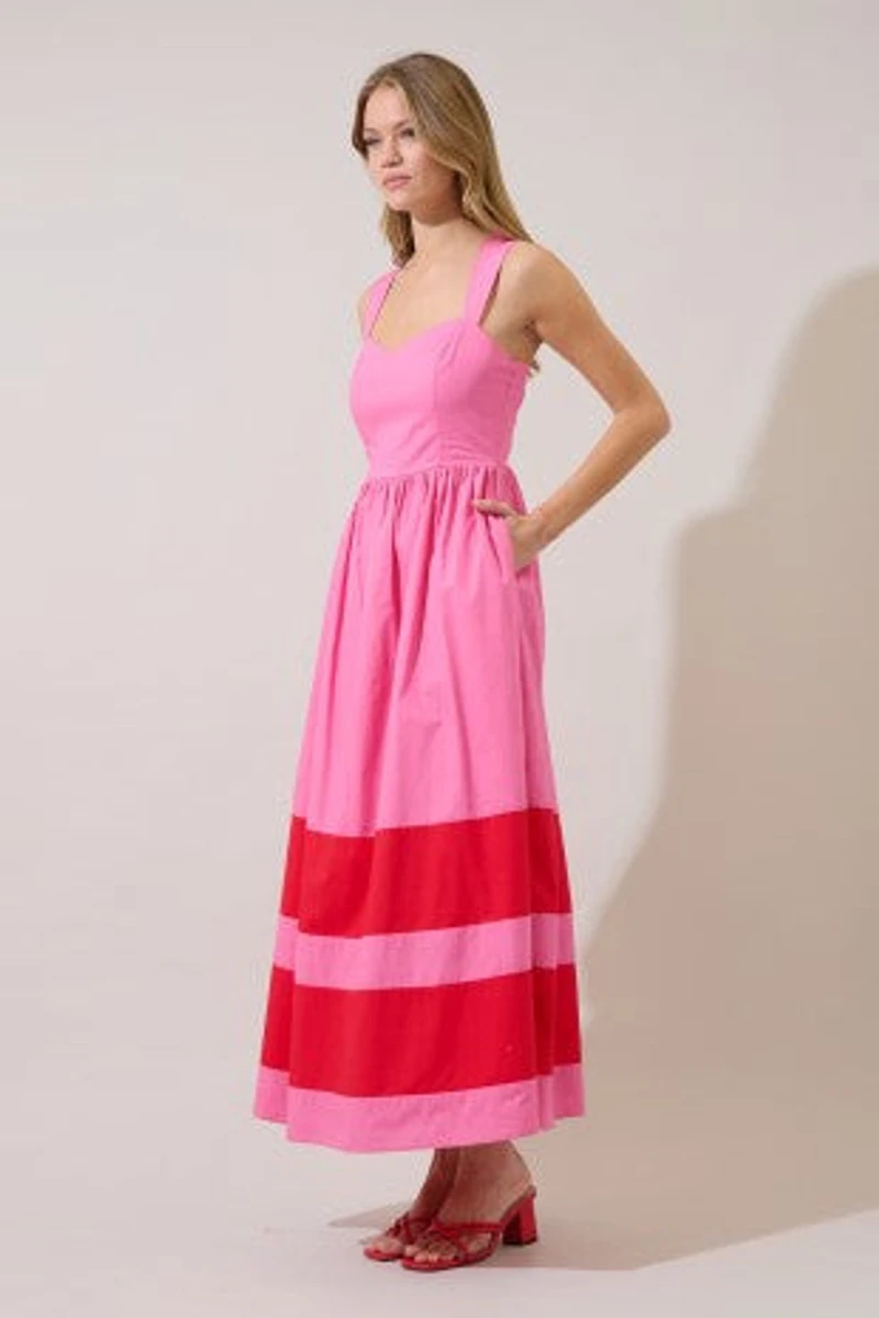 Pink Smocked Contrast Maxi Dress