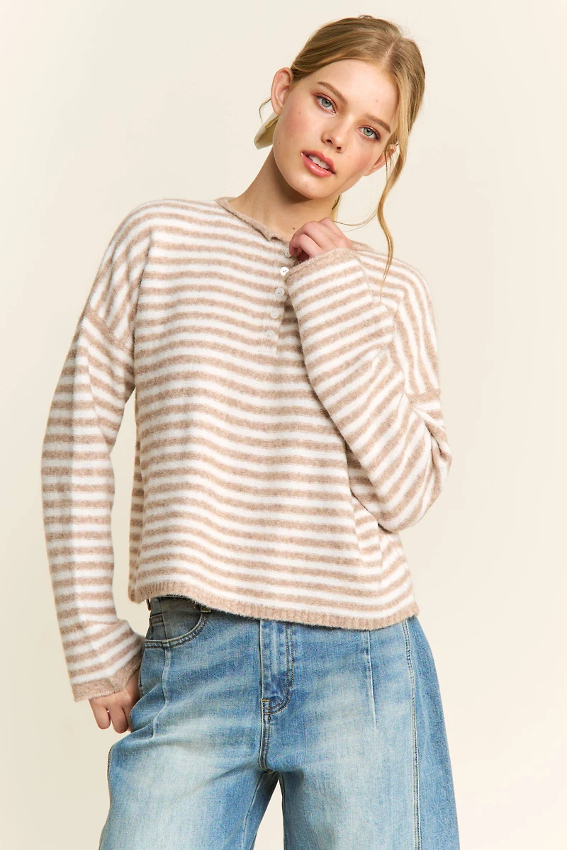 Oatmeal Striped Henley Knit Sweater