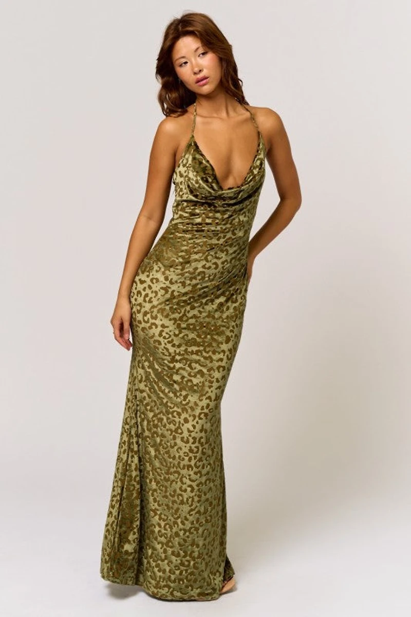 Olive Halter Leopard Print Maxi Dress