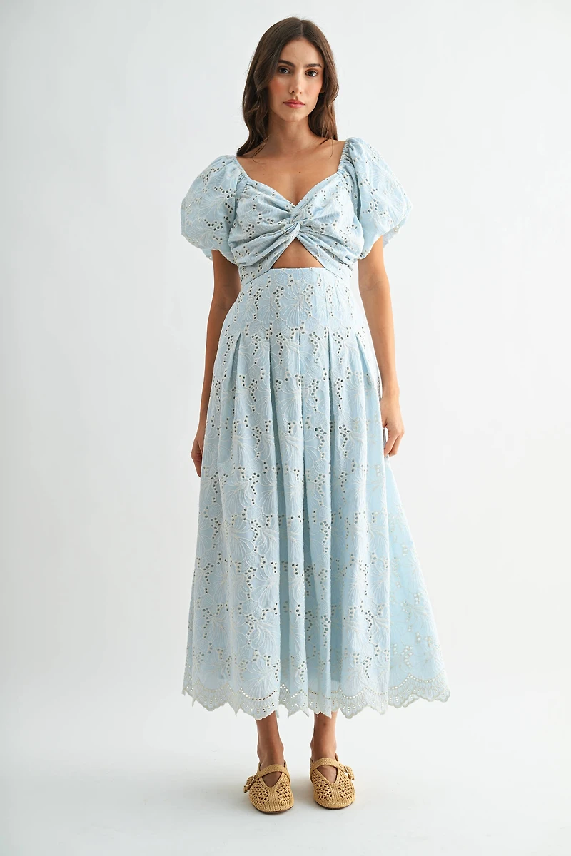 Blue Eyelet Puff Sleeve Maxi Dress