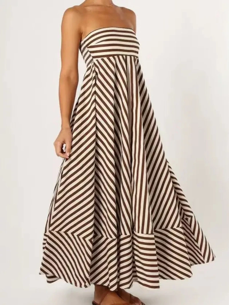 Brown Stripe Strapless Dress