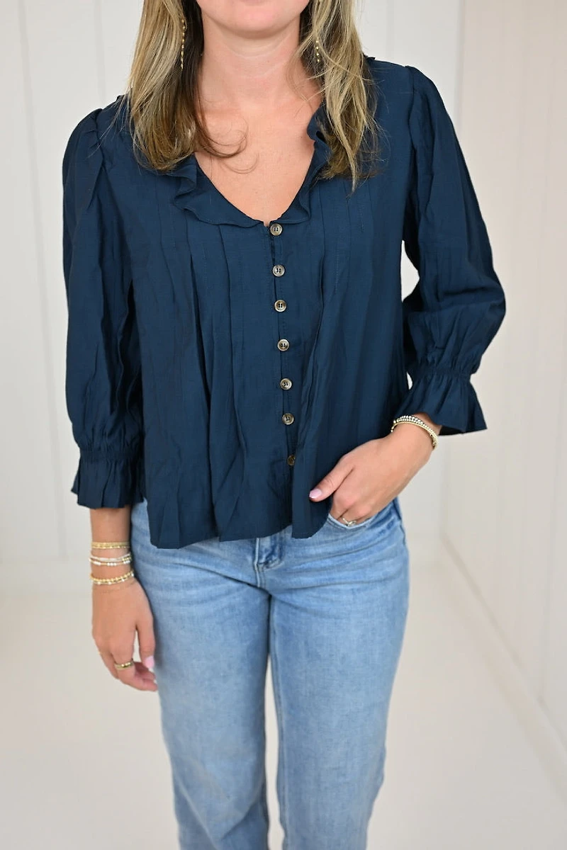 Navy Ruffled V-Neck Blouse