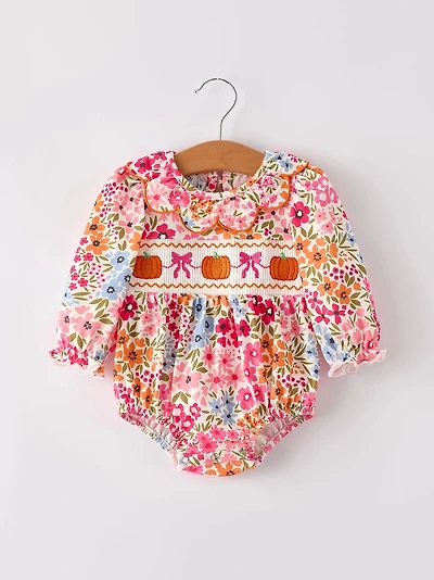 Halloween Pumpkin Bow Smock Embroidered Floral Baby Girl Romper